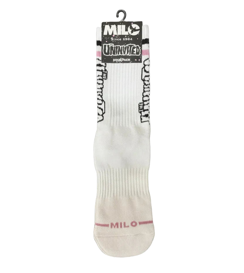 White Milosport men's sock featuring the Milosport x Uninvited design, made from comfortable, breathable fabric.