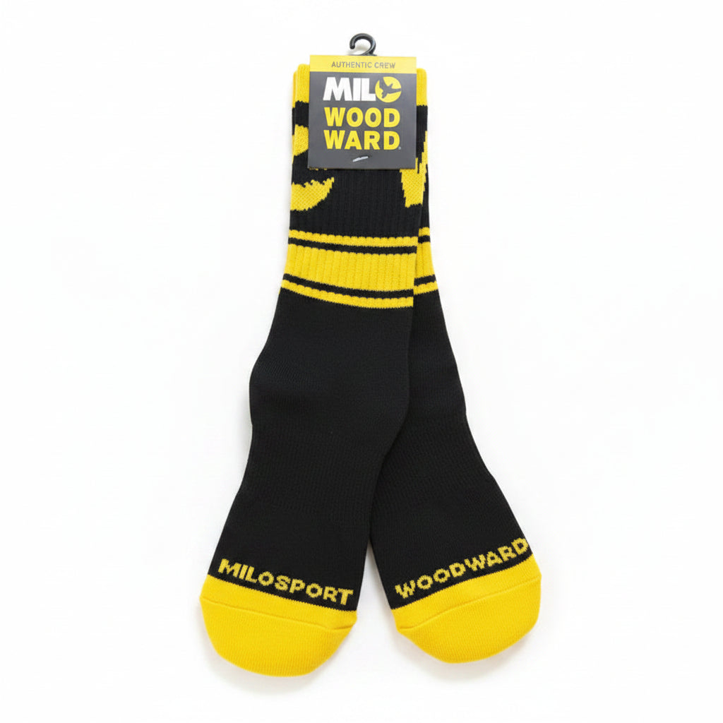 Mens Milosport x Woodward Authentic Crew Sock with logo, white and black design, soft fabric, and comfortable fit