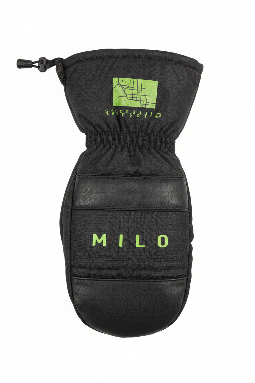 Mens Milo Secret Mitt in black by Milosport, showing the sleek black design and secure wrist strap for boxing or training.