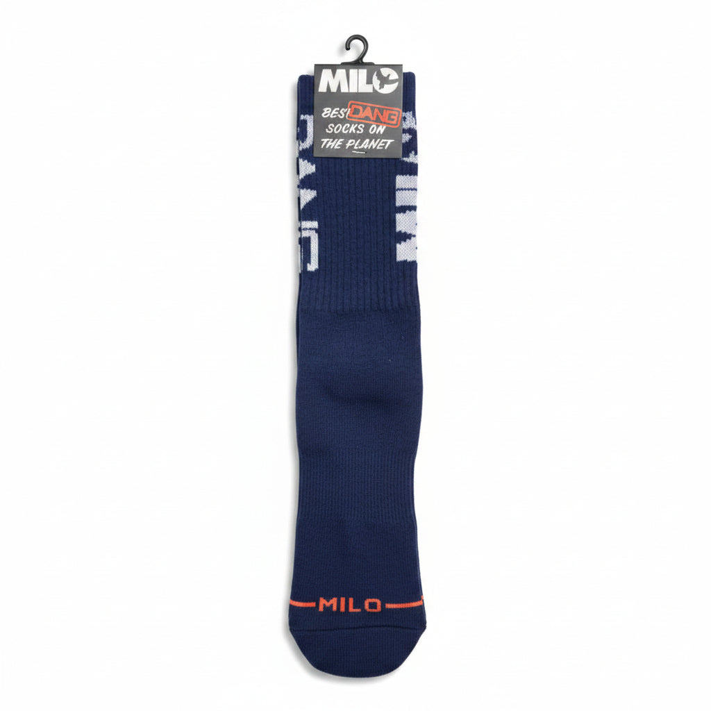 Men's Milosport Best DANG Authentic Crew Sock, white with black logo, featuring cushioned sole and comfortable fit.