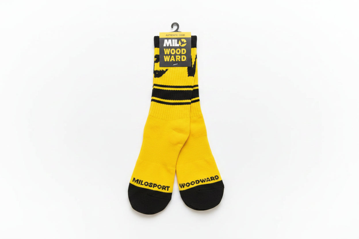 Mens Milosport x Woodward Authentic Crew Sock with logo and ribbed design, stylish and comfortable athletic sock.