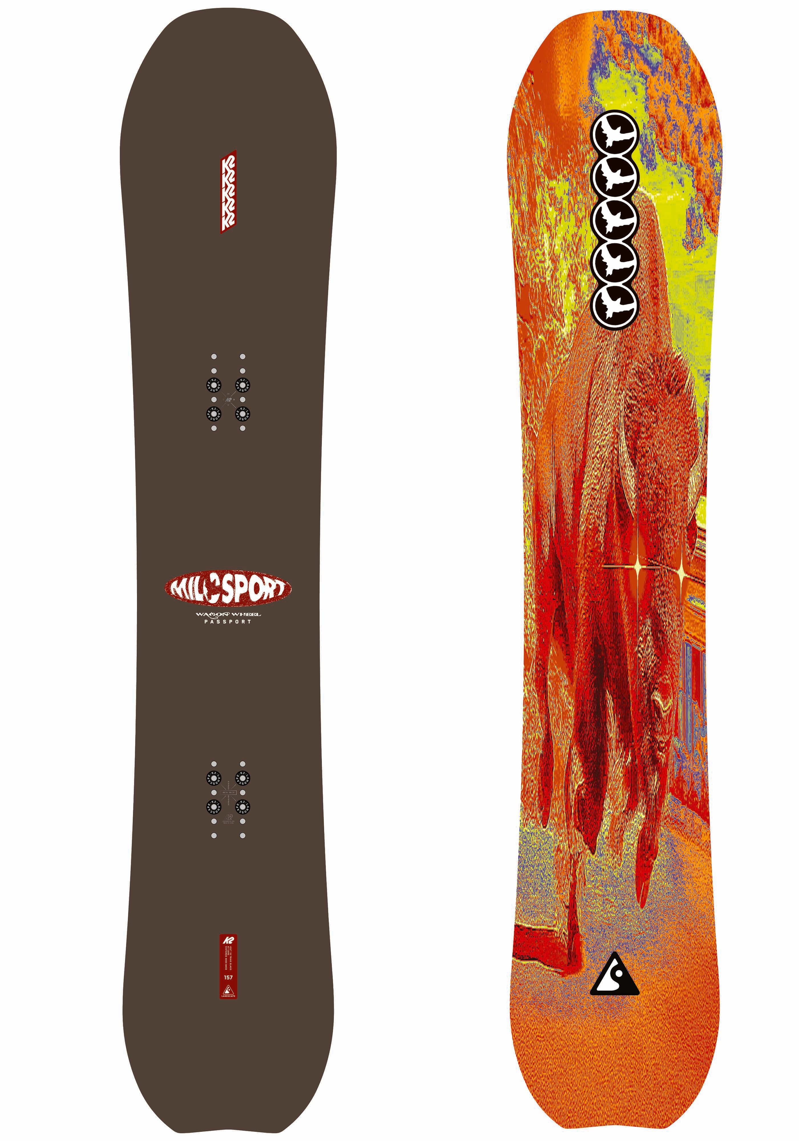 K2 Wagon Wheel Passport snowboard for winter snowboarding, featuring a bold graphic design and durable construction for snow adventures.