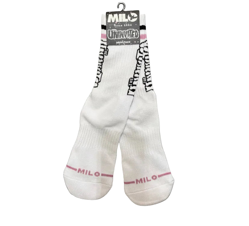 Men's white Milosport x Uninvited sock displayed flat, featuring brand logo and comfortable knit fabric for athletic wear.