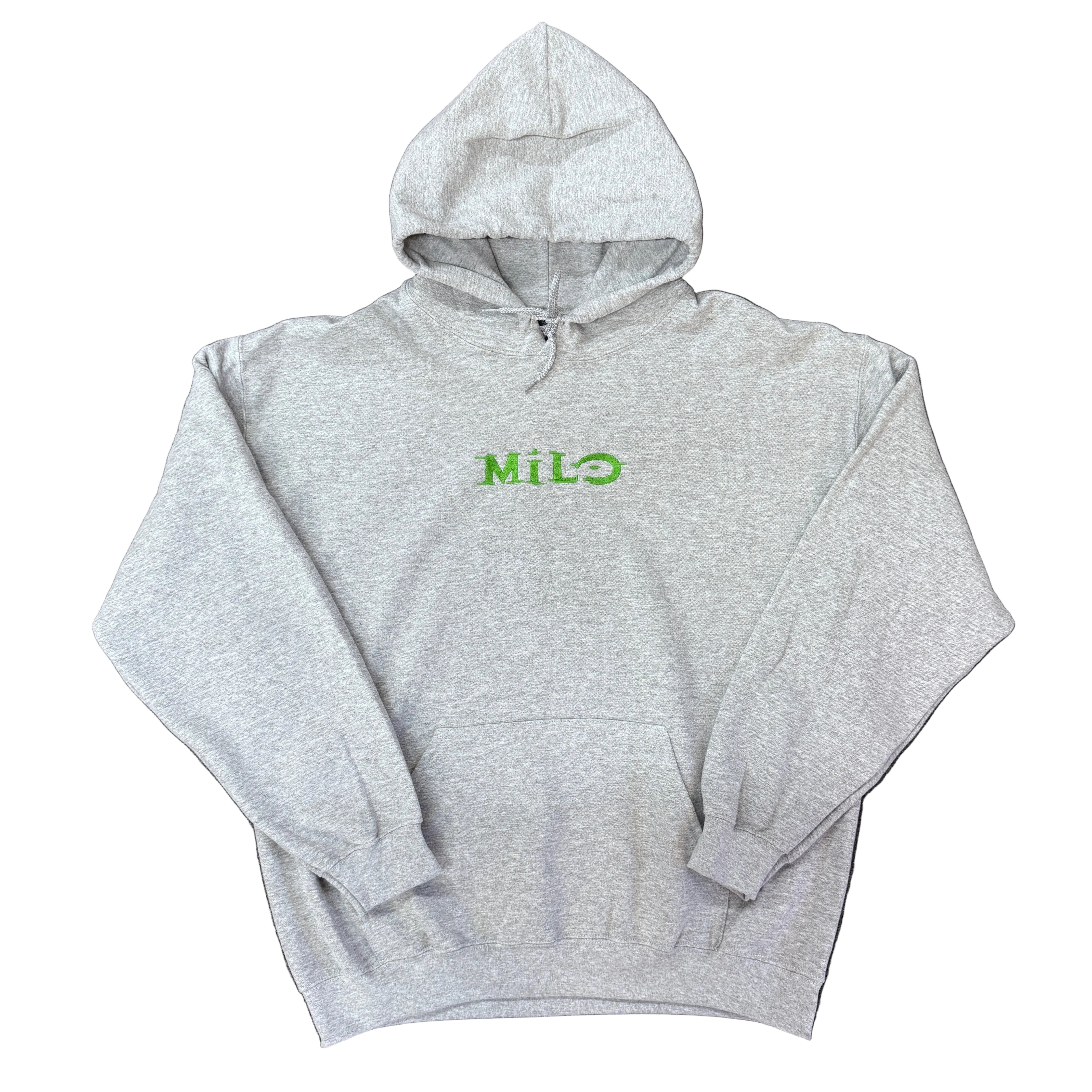 Milosport Halo hoodie, black hooded sweatshirt with front pocket and logo, casual athletic style, full view of the hoodie.