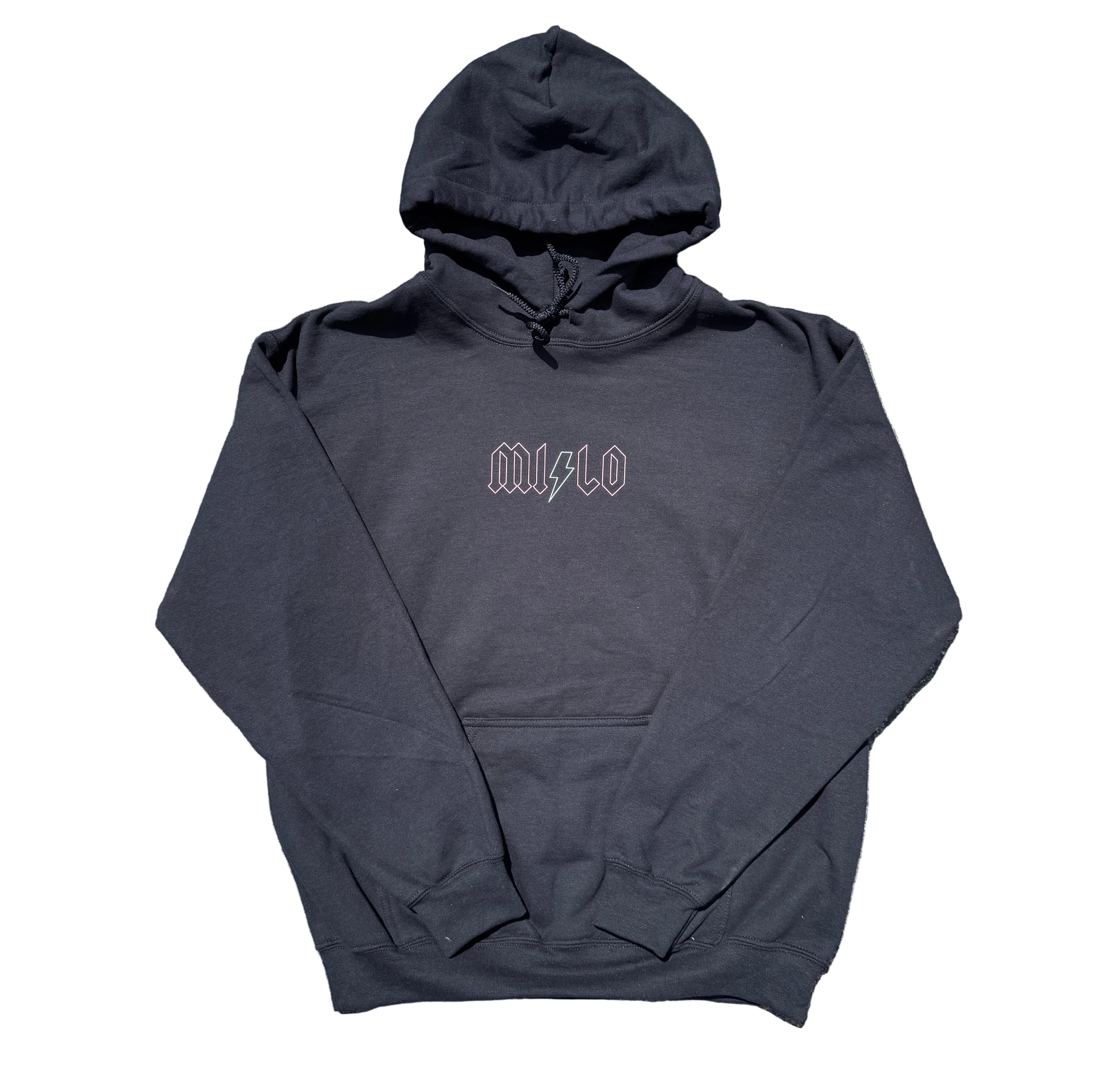 Men’s Milosport Shoot to Thrill hooded sweatshirt in black, featuring a front pocket and adjustable drawstrings on the hood.