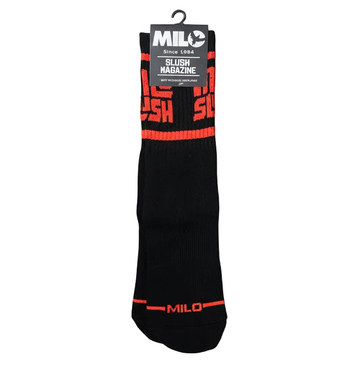 Milosport x Slush Mag men's authentic sock with colorful design, snug fit, and branded logo visible on the fabric.