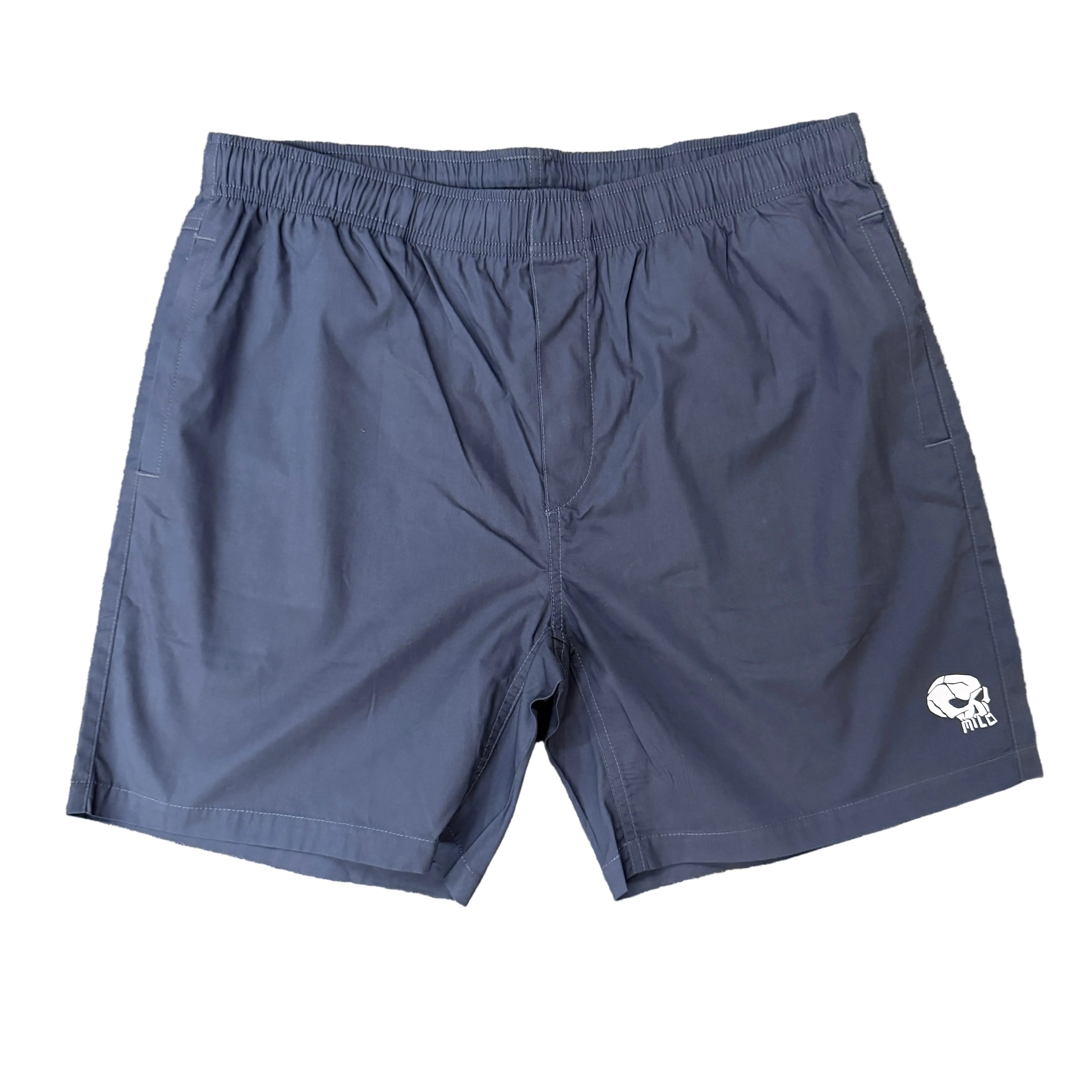 Milosport men's navy mini skull swim trunks with a fitted waistband and skull pattern, displayed flat on a white background.