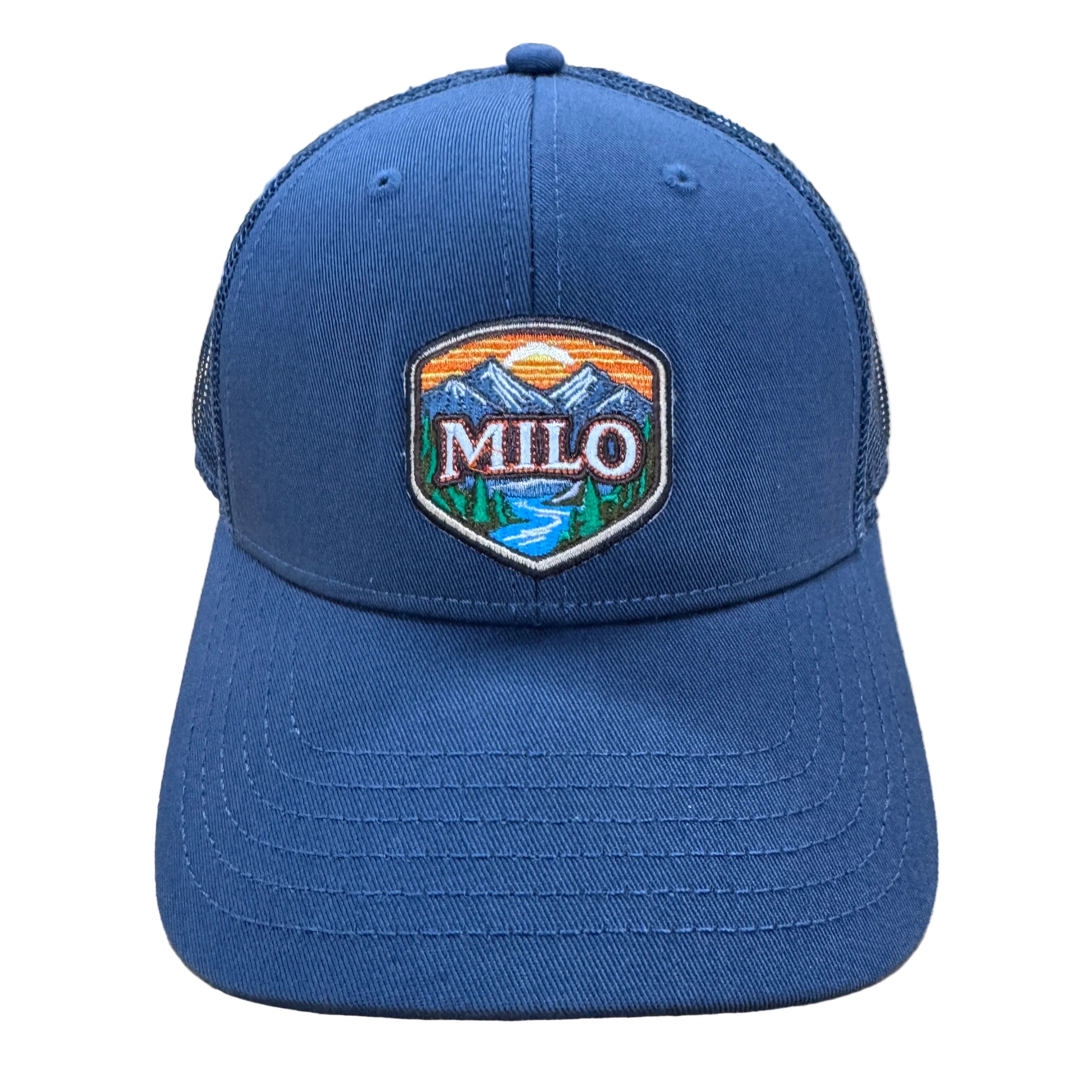 Men's Milo Frontier Patch Low Profile Trucker hat with front patch and adjustable snapback in a casual style.