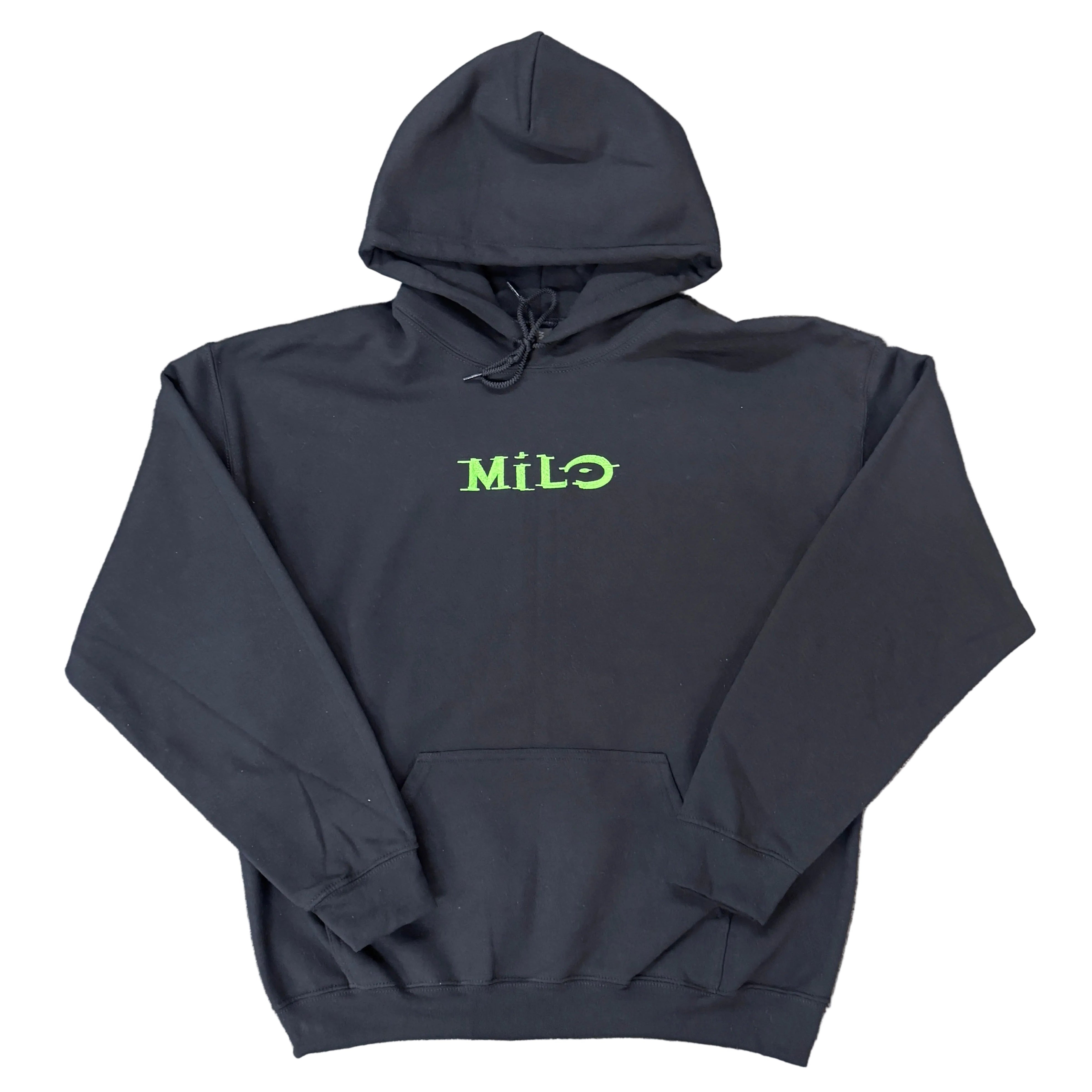 Milosport Halo hooded sweatshirt, front view showing hoodie with adjustable drawstrings and ribbed cuffs, casual streetwear style