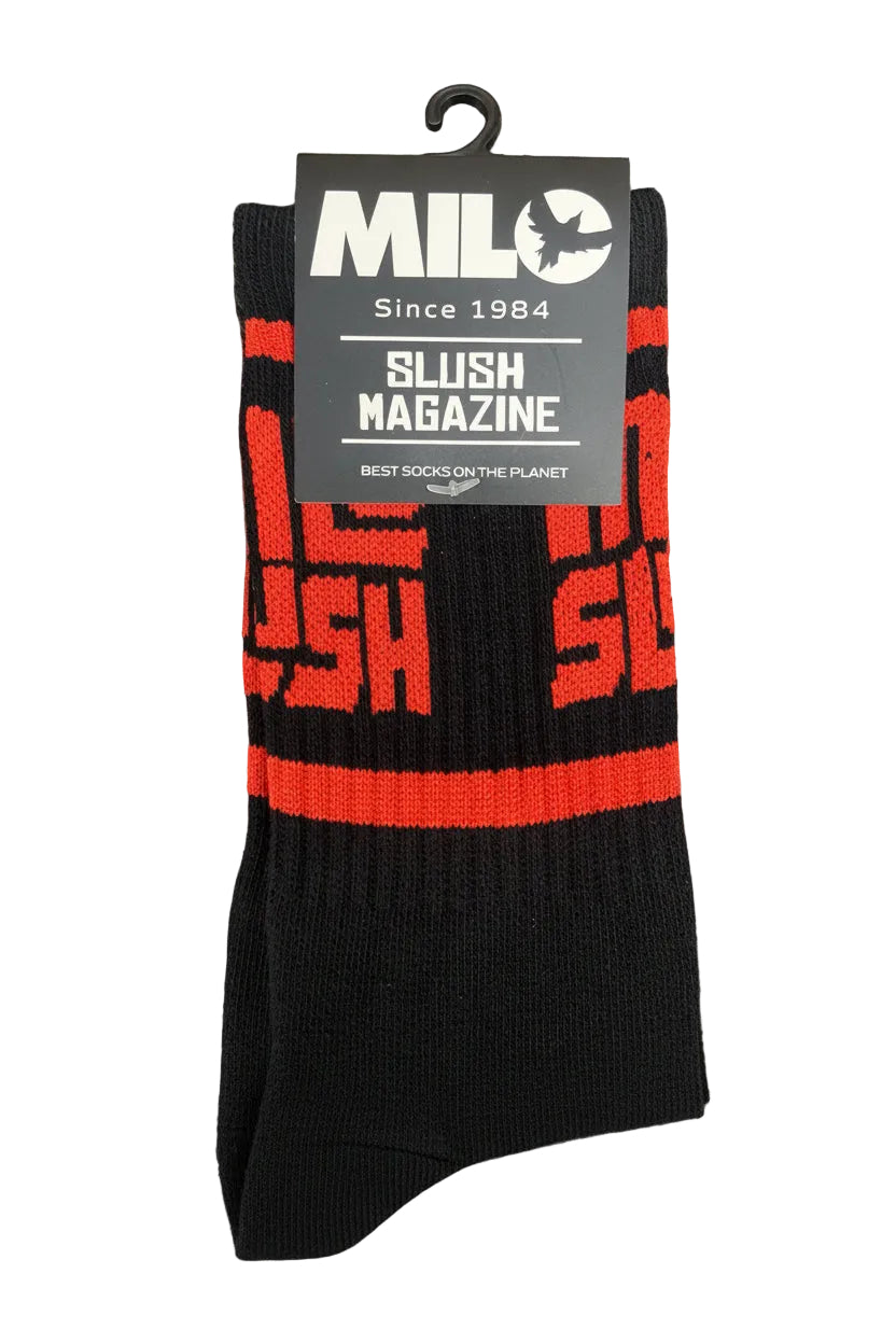 Mens Milosport x Slush Mag Authentic Sock with colorful design, featuring branding and comfortable fabric for everyday wear.