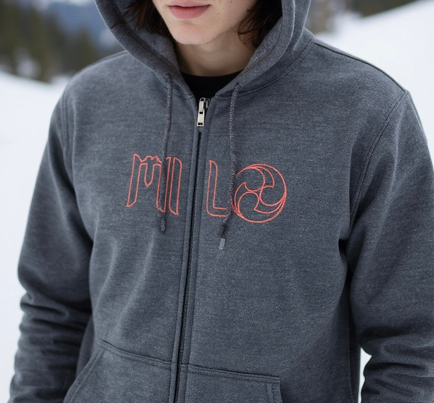 Men's Milosport Ronin full zip hooded sweatshirt, front view showing gray fabric, adjustable hood, and zippered pockets.