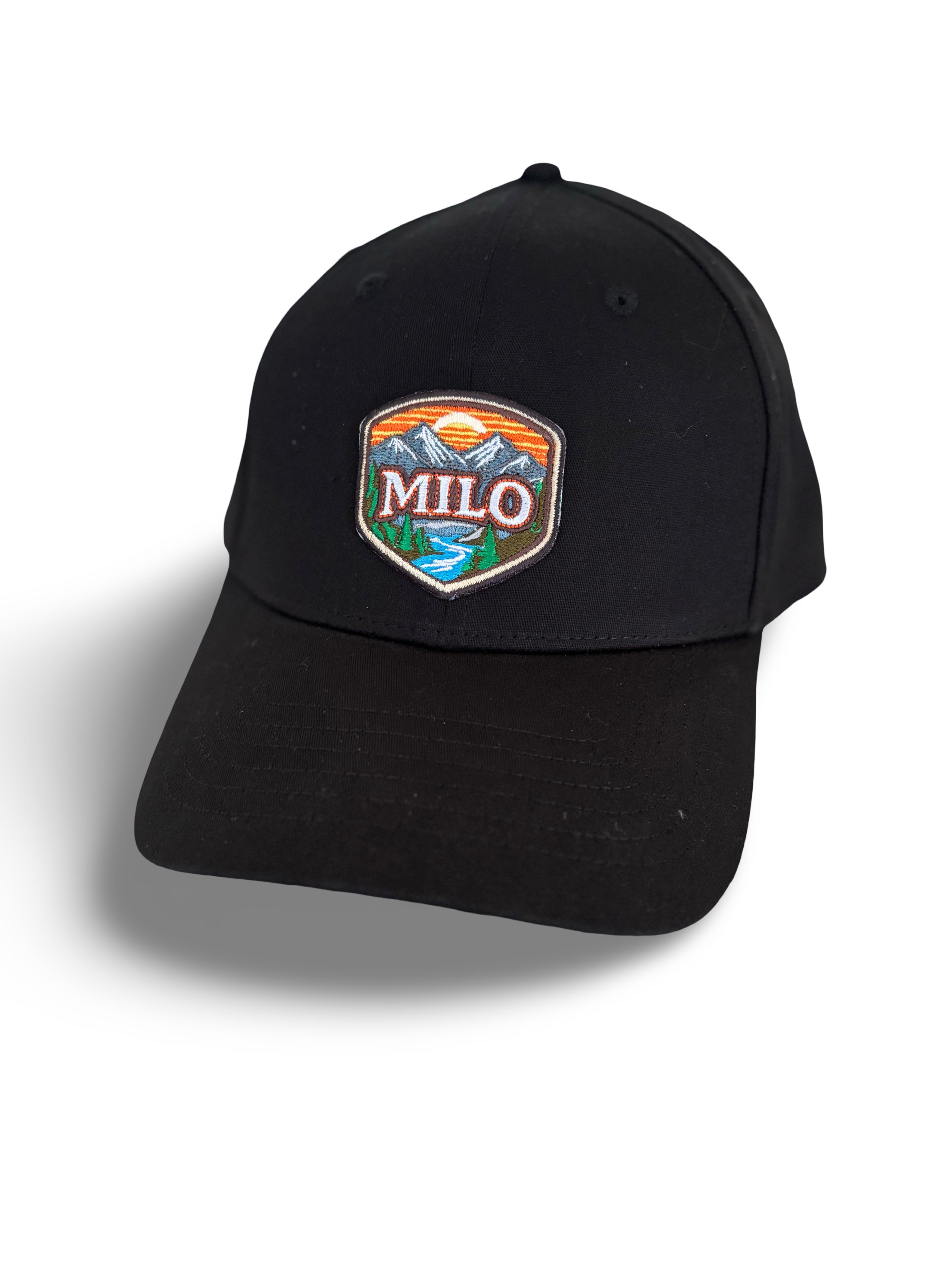 Black Milo Frontier Patch Hat for men by Milosport, featuring a front patch design and adjustable strap.
