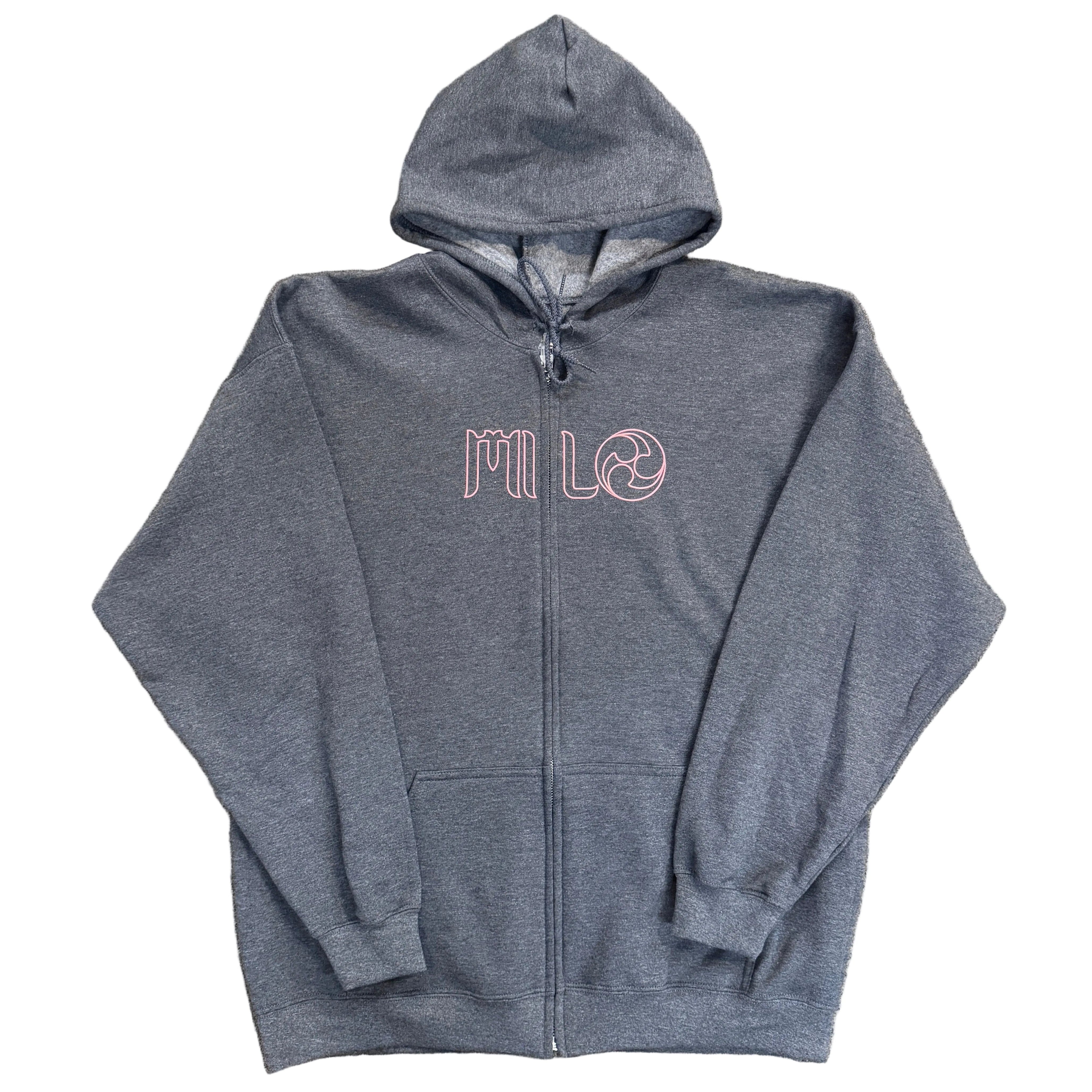 Men's Milosport Ronin full zip hooded sweatshirt, gray hoodie with front pockets and adjustable drawstrings, casual athletic wear.