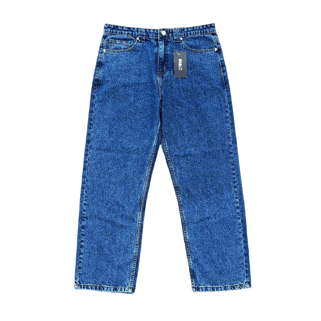 Men's Milosport Factory Denim Pants with classic blue denim, front pockets, and belt loops, displayed on a plain background.