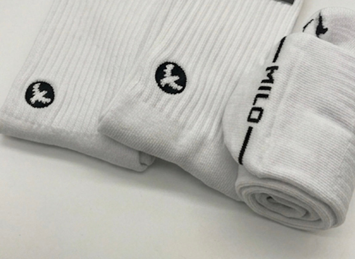 Close-up of Milosport Essential Authentic Crew Sock for men, showing the fabric texture and branding details.