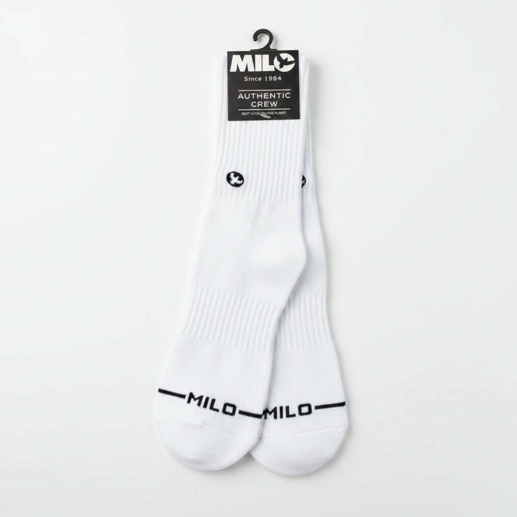 Men's Milosport Essential Authentic Crew Sock in white, featuring reinforced heel and toe for comfort and durability.