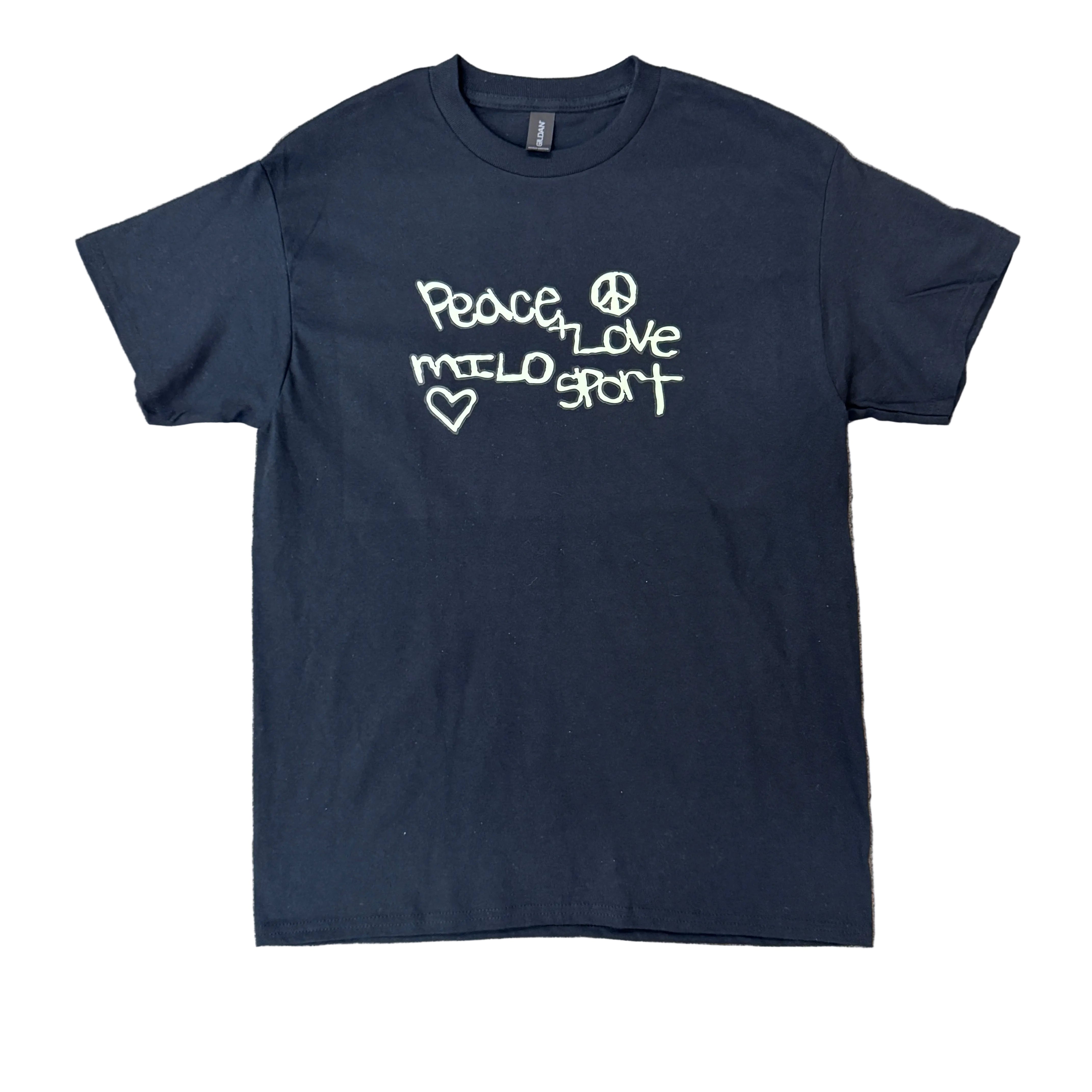 Black Milosport Peace & Love T-shirt for men featuring a graphic design with peace symbols and vibrant colors.