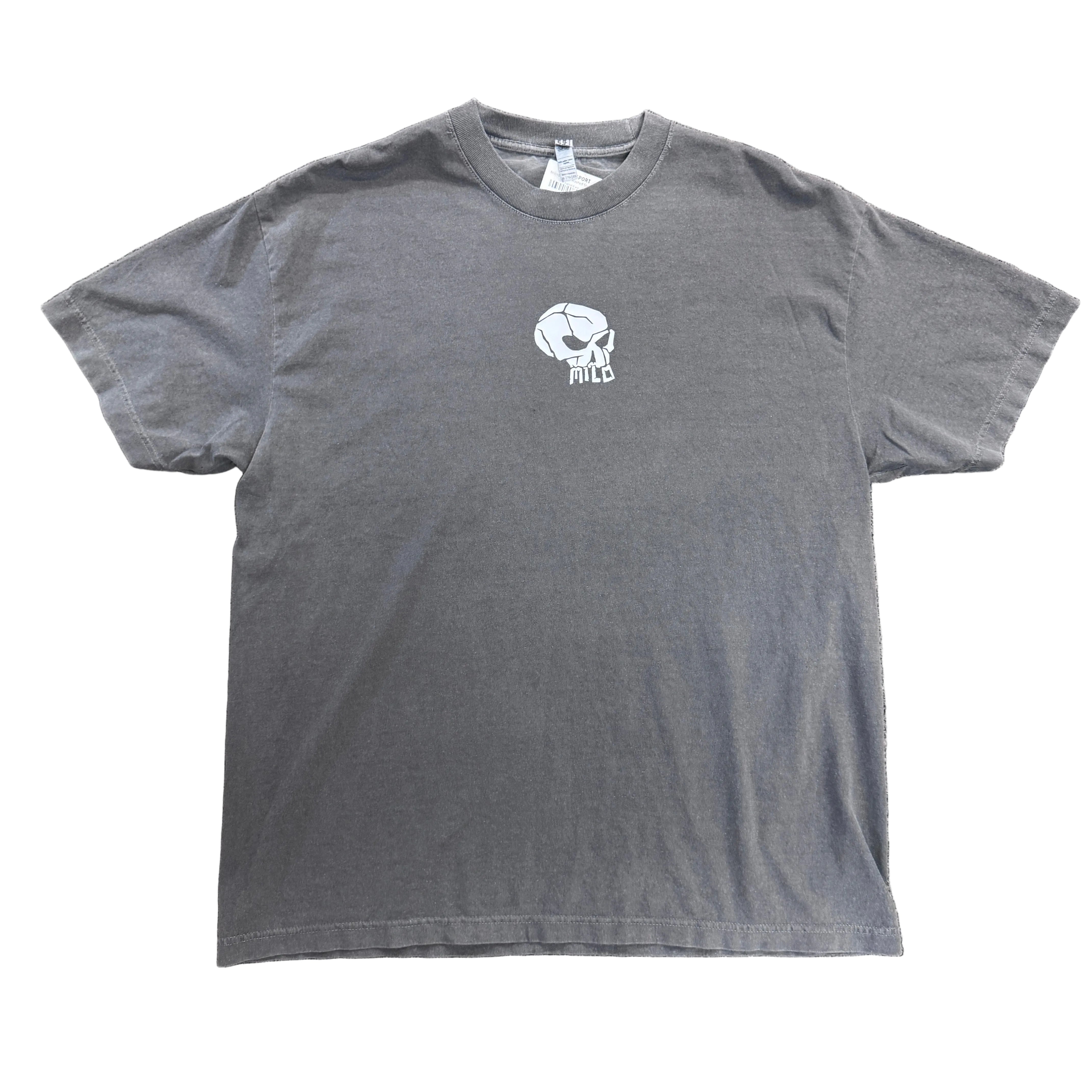 Men's Milosport Ruff Washed Skull T-shirt featuring a distressed skull graphic on soft, washed cotton fabric.
