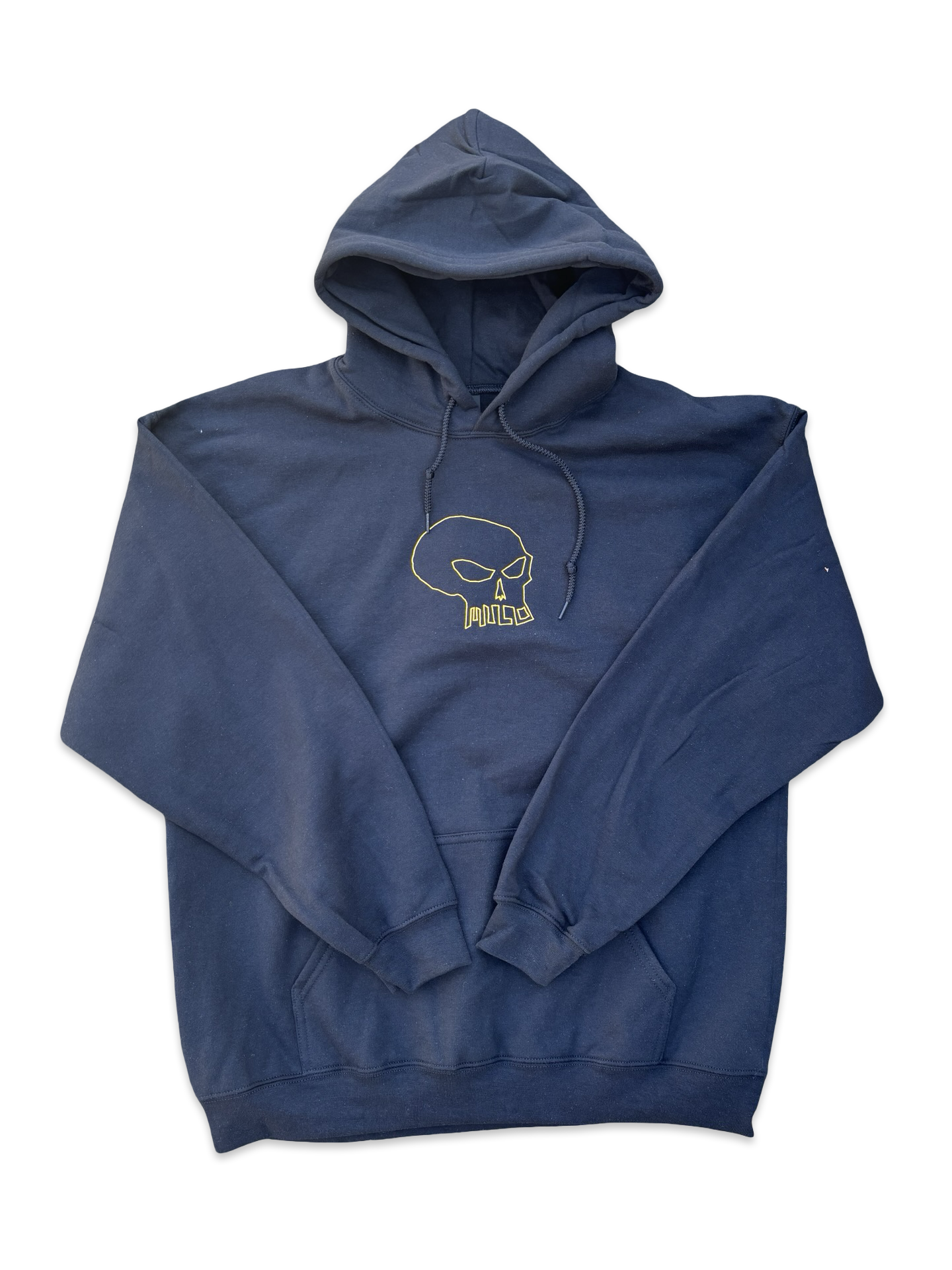 Milosport men's stitched skull hooded sweatshirt in black, featuring a graphic skull design on the front and a drawstring hood.