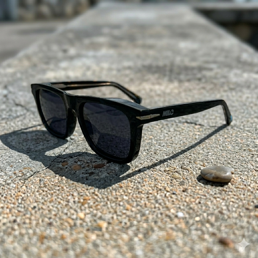 Milosport The Fifty polarized acetate sunglasses with black frames and concrete-colored arms, accessory eyewear for stylish sun protection.