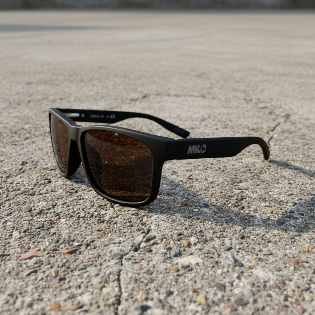 Milosport Eighty4 polarized sunglasses with black frames, showcasing sleek and stylish accessory for eye protection.