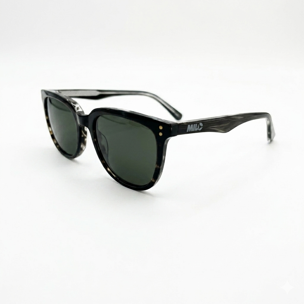 Milosport Butterknife PRO polarized acetate sunglasses with black frames and dark lenses, accessory eyewear for style and sun protection.