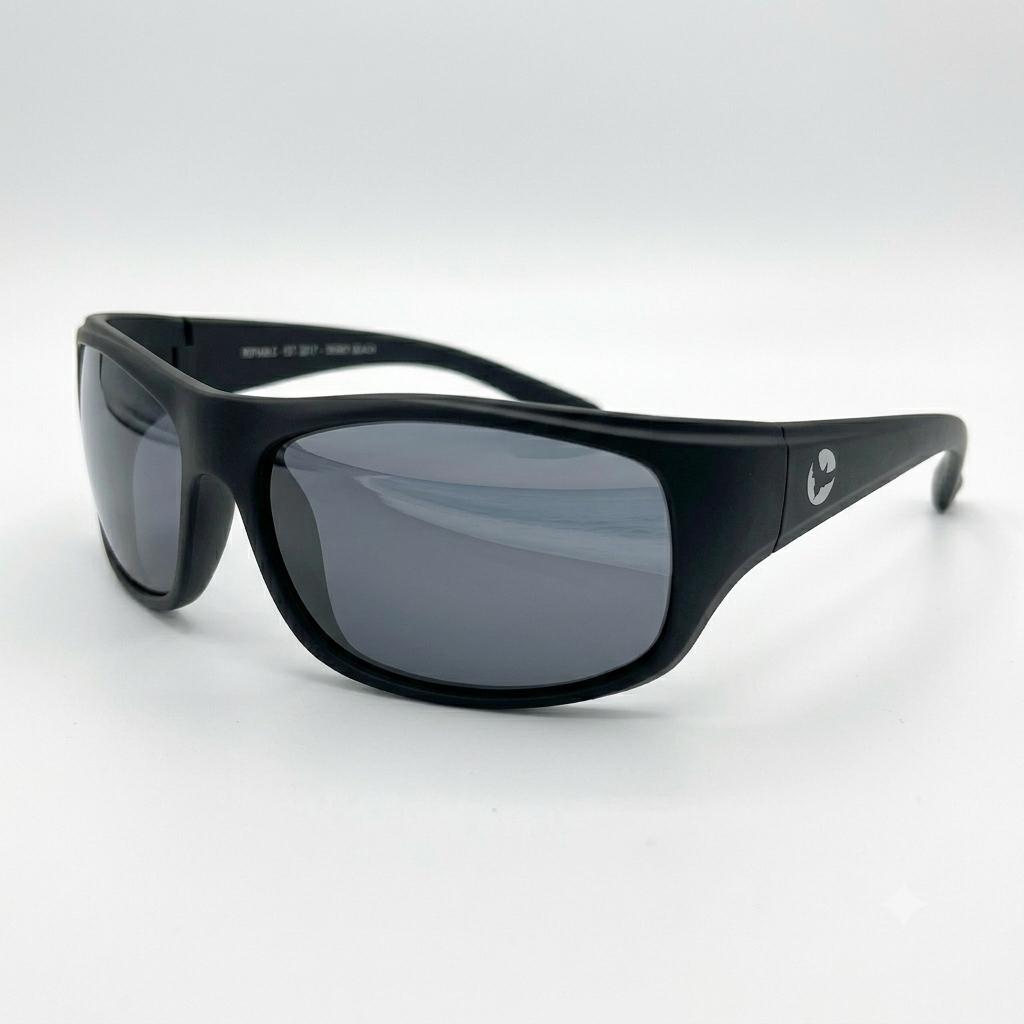Milosport Lake Effect polarized sunglasses with black, grey, and white frames, designed as stylish accessories for outdoor use.