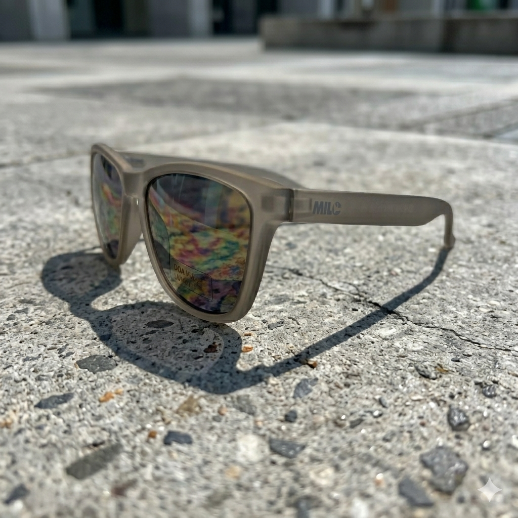 Milosport Inversion polarized sunglasses with grey frames, shown against a concrete background, showcasing stylish accessory design.