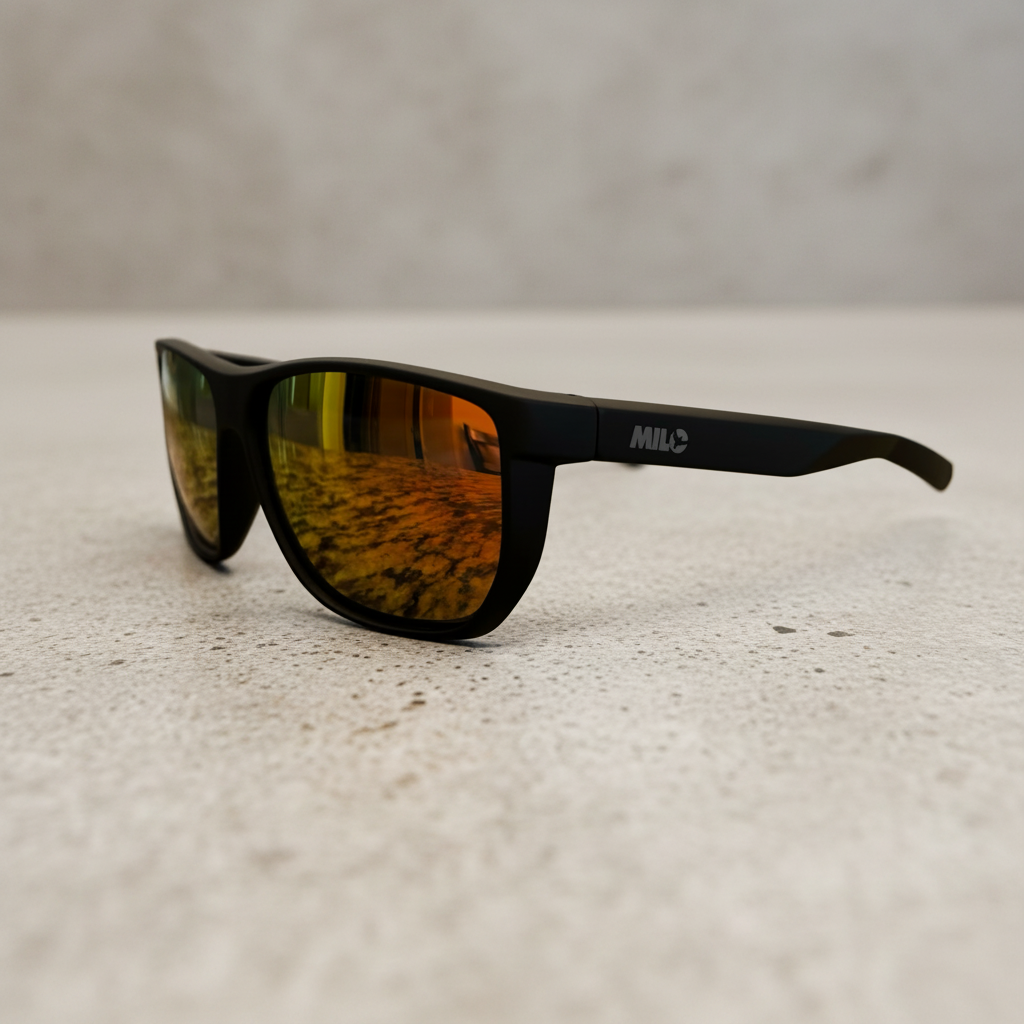 Milosport Wasatch floating polarized sunglasses with black frames and tinted lenses, designed for outdoor accessories.