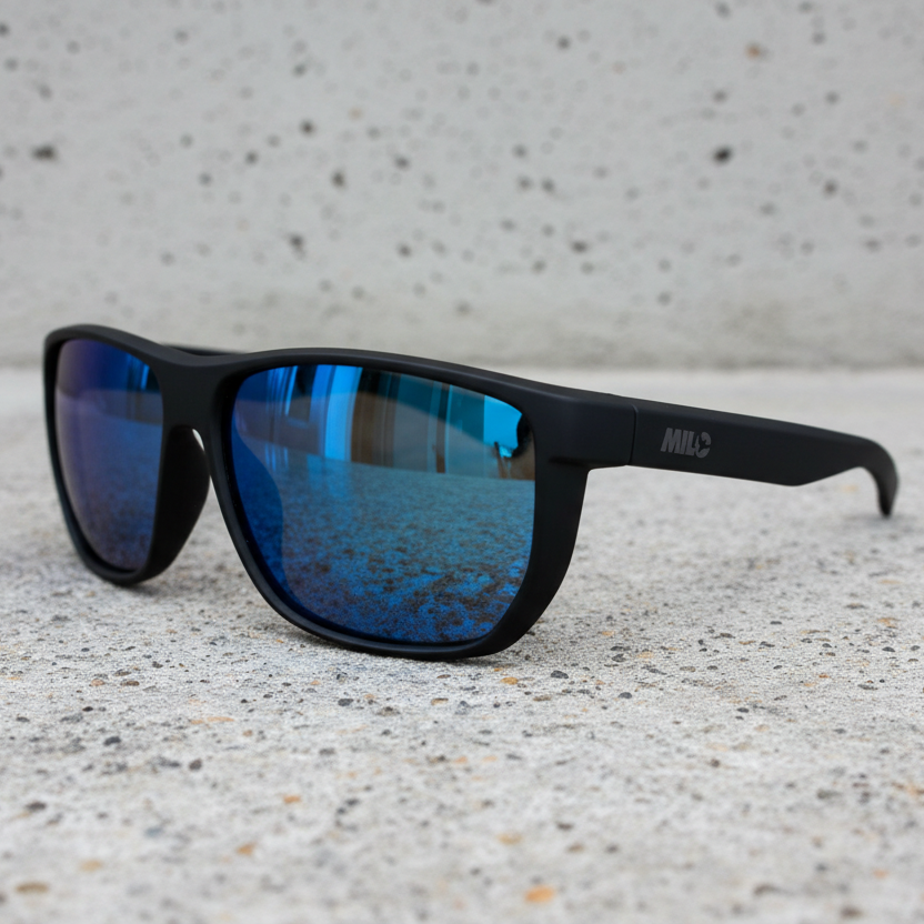 Milosport Wasatch floating polarized sunglasses with black frames and dark lenses, designed for outdoor activities and water sports.