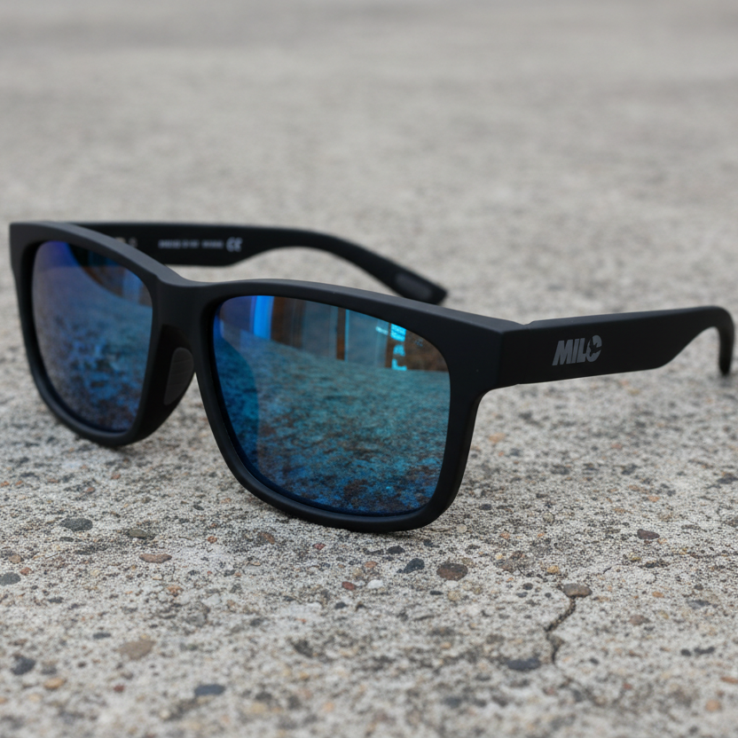 Milosport Eighty4 polarized sunglasses with black frames and tinted lenses, designed as stylish accessories for outdoor activities.