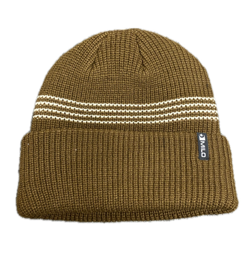 Autumn men's Milo x Autumn stripe beanie in eggshell and light brown, featuring a cozy knit pattern.