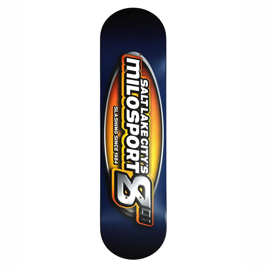 Milosport Pro Skater 801 skateboard deck with graphic design, showcasing its shape and size for skateboarding enthusiasts.